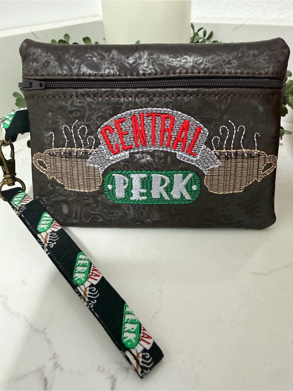 Central Perk Embroidered Brown Wristlet Pouch